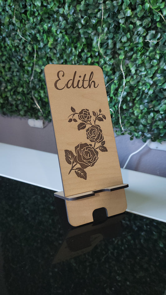 Candy Rose Wood Engraved Phone Stand